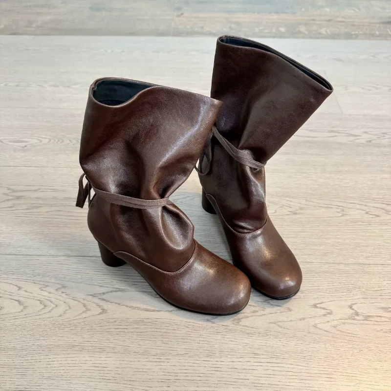 2026 New Style Strappy Thick Round-Toe Fashion Boots Mid-Calf Length