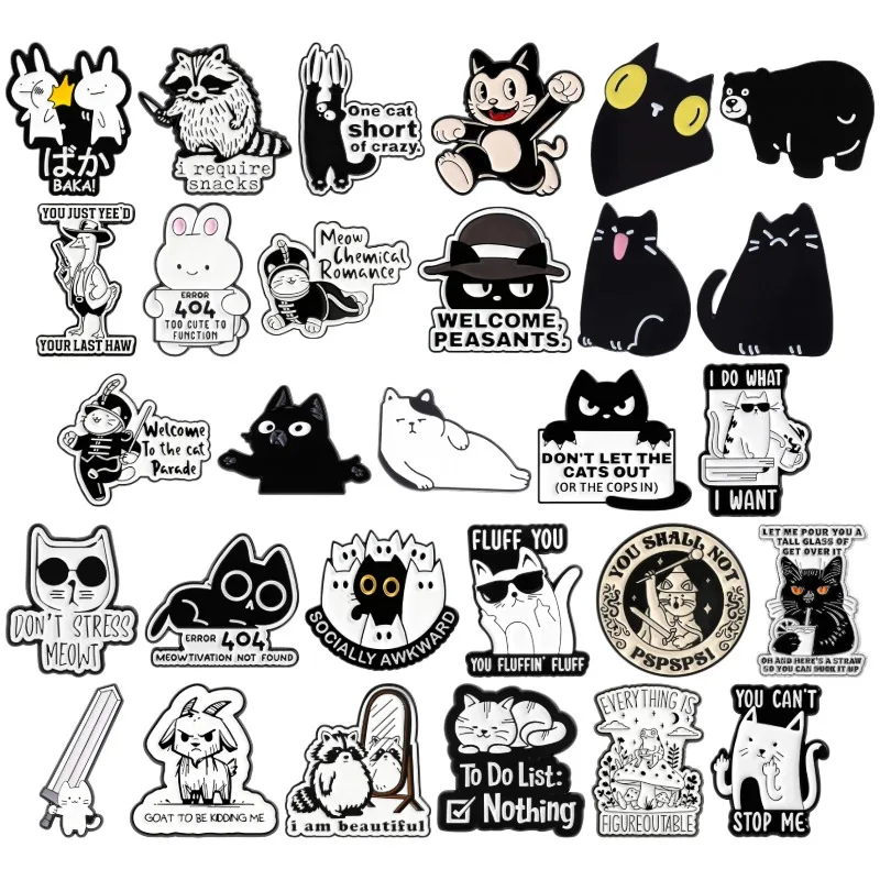 31styles Black White Cats Enamel Pins Funny Meow Kitten Brooches Lapel Badges Cartoon Rabbit Duck Jewelry Gifts for Friends