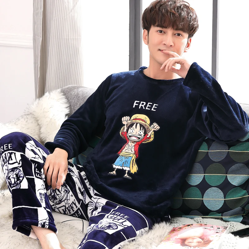 Casual Cartoon Winter Thicken Flannel Warm Pajamas For Men Sets Male Long Sleeve Sleepwear Homewear Loose Pajama Plus Size 3XL