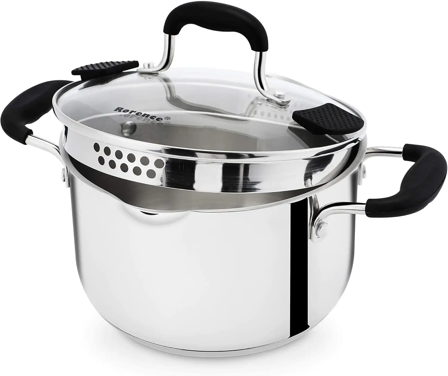 

Stainless Steel Stock Pot with Pour Spout & Silicone Handles & Glass Lid with Strainer - 3.7 Quart
