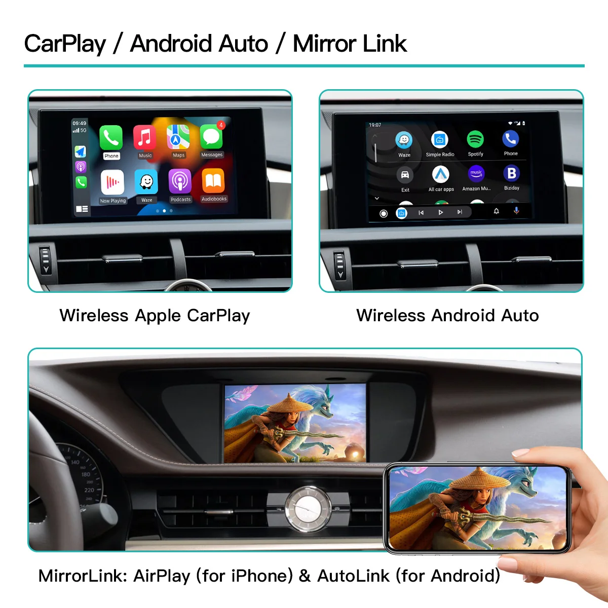 AUTOABC Wireless CarPlay Android Auto per Lexus NX RX IS ES GS RC CT LS LX LC UX GX 2014-2019 con Mirror Link Airplay Siri Voic