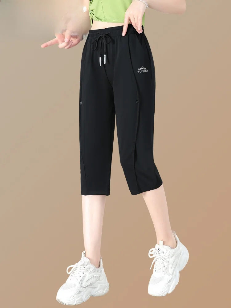 

Женские летние спортивные брюки Bla Ice Silk Qui Dry Thin Seven-Foot, повседневные прямые брюки с высокой талией и эластичным поясом