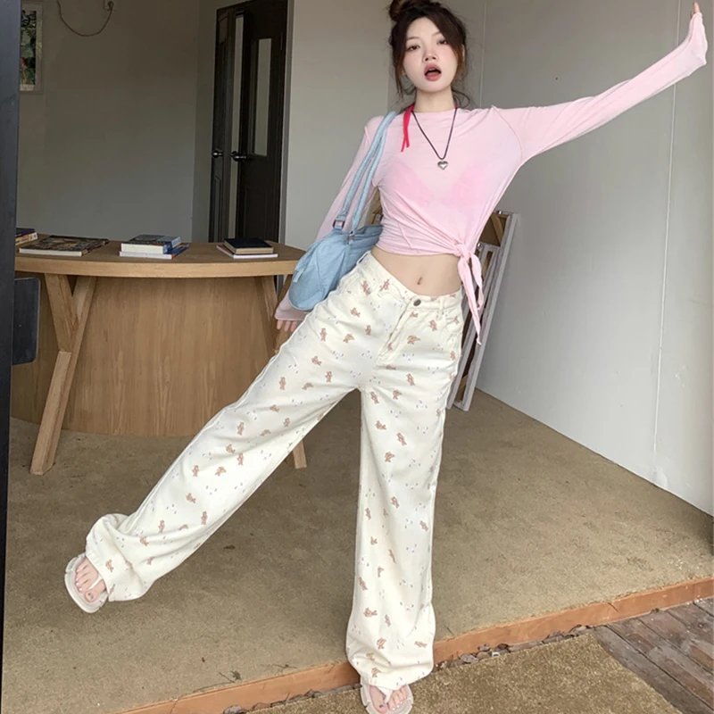 Korea Sweet Pink Printed Jeans for Women Spring/summer Straight Leg Wide Leg Casual Pants 2024 Y2K Casual Street Jeans for Women