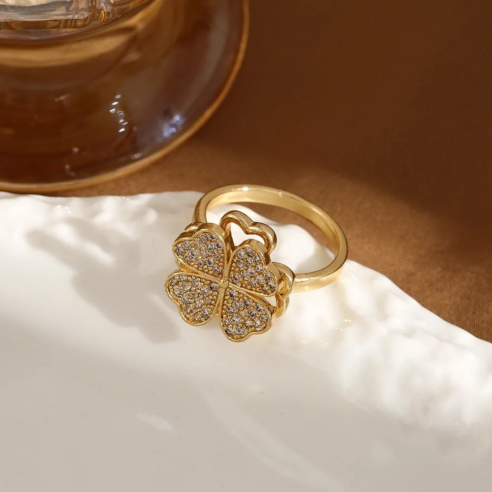 Four-leaf Clover Full Cubic Zirconia Rotatable Opening Adjustable Rings Women Gold Silver Color Copper Metal Ring Party Jewelry image 2