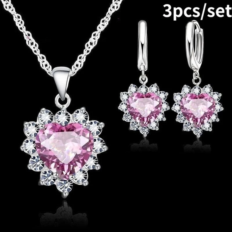 New Trendy 925 Sterling Silver Jewelry Set for Women Heart CZ Stone Charm Pendants Necklaces Earrings LOVE Anniversary Gifts