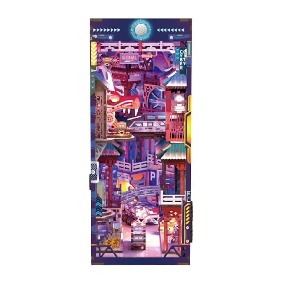 

DIY Book Nook Kit for Cyber City Miniature Puzzle Neon-Lit Cyberpunk Decor with Oriental Elements, Precision-Cut Wooden Pieces