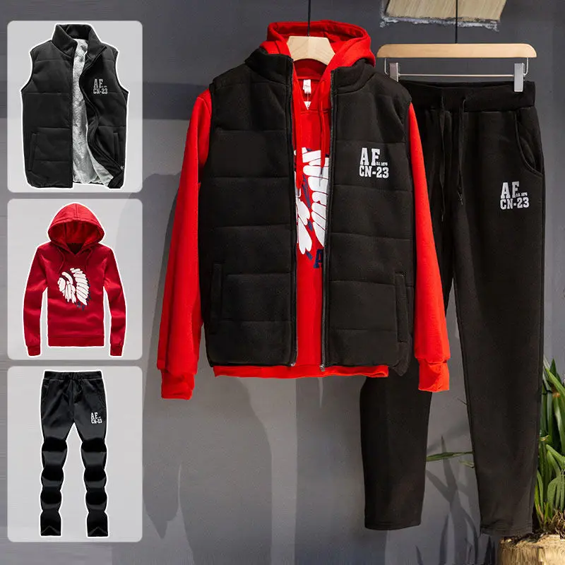 

3 Pieces Set Hoodies+Vest+Pants Casual Men's Track Suit Clothing Coats Winter Thick Warm Tracksuit for Couple Printed Set Vest
