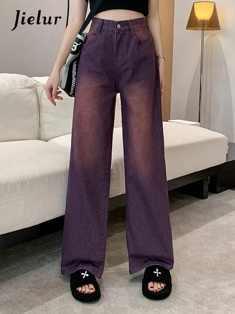 

Jielur Purple New Straight High Waist Slim Women Jeans Fashion Basic Simple Loose Casual Full Length Chicly Pocket Female Jeans