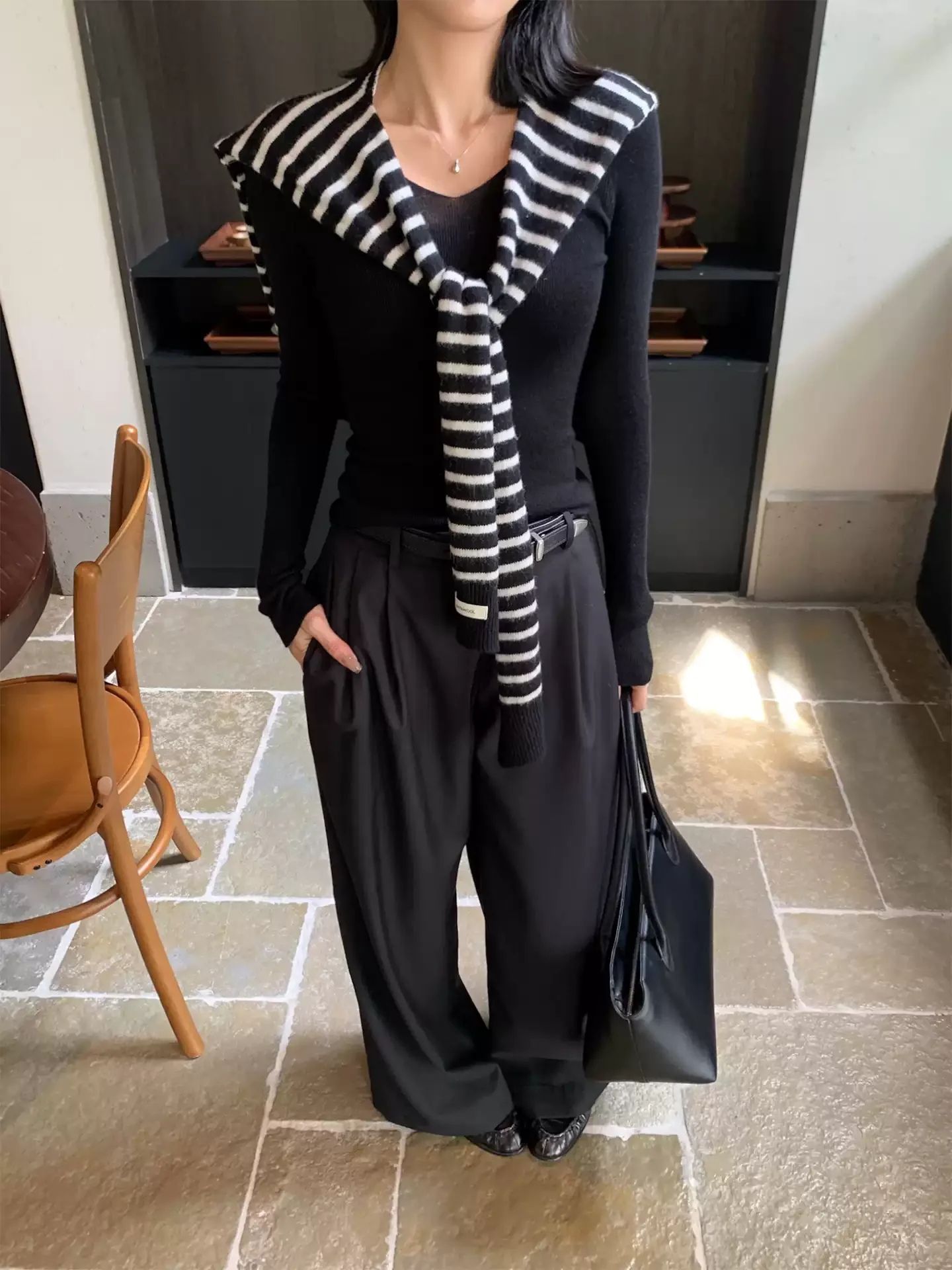 Black wide-leg casual pants loose in early autumn, high waist and slim suit pants female