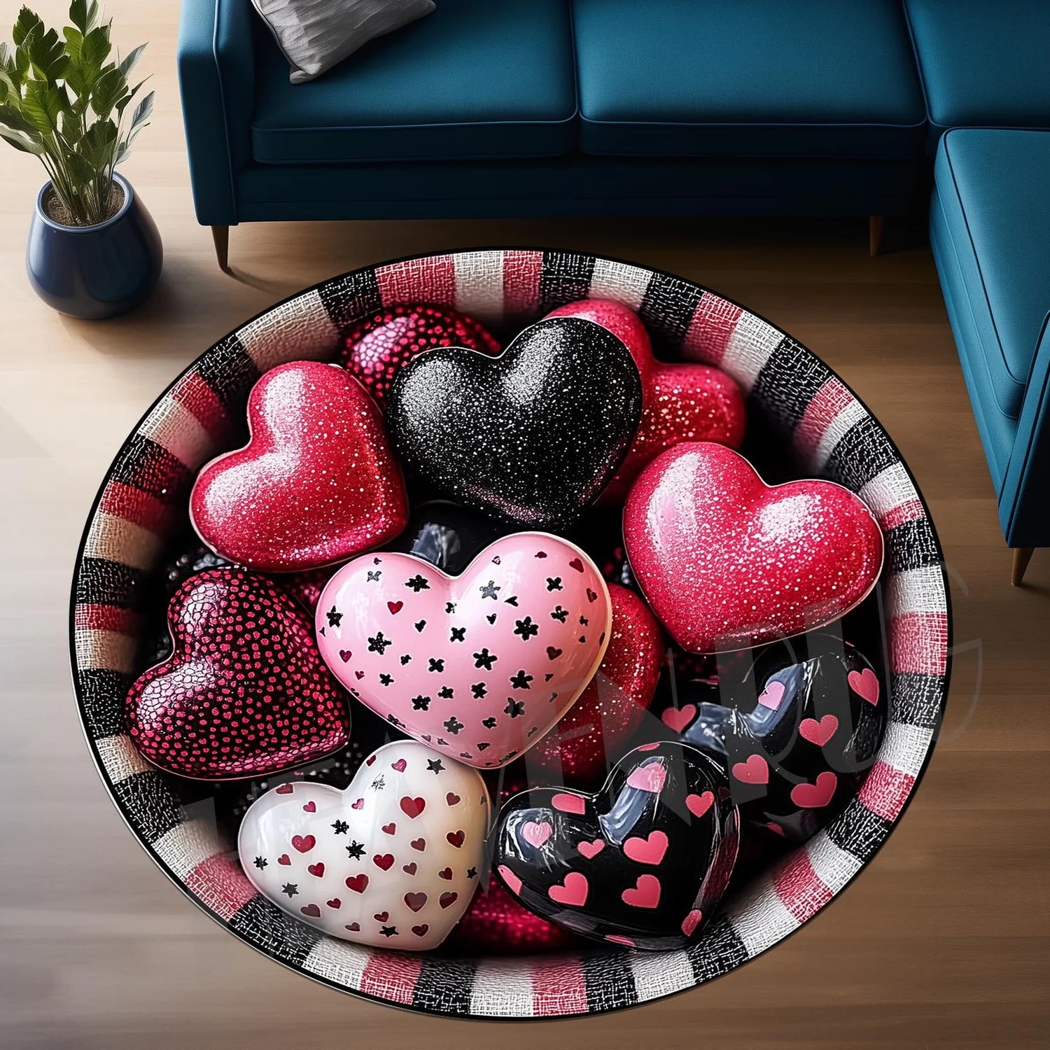 3D Heart-Shaped Round Carpet, Valentine's Day Decoration, Non-Slip Cotton Base