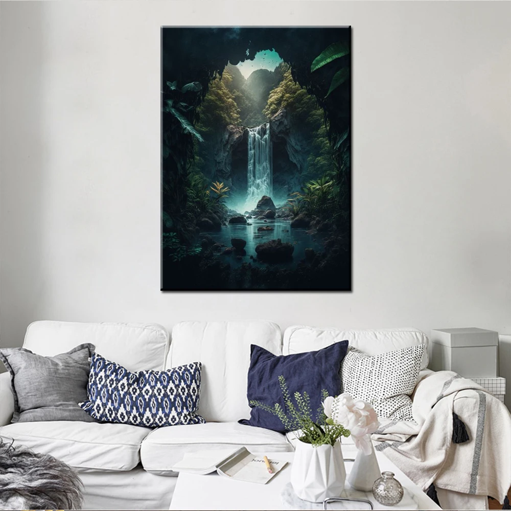 Home Decor Wall Arts Poster And Picture Painting Golden Bonsai Falls Art Waterfall Forest Nature Wallpaper Print Artwork