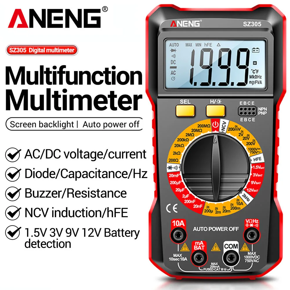 Smart Digital Multimeter Tester Voltmeter Ammeter NCV Induction ANENG SZ305+PT1002 10A Universal Needle Tip Wire Pen Set Tools