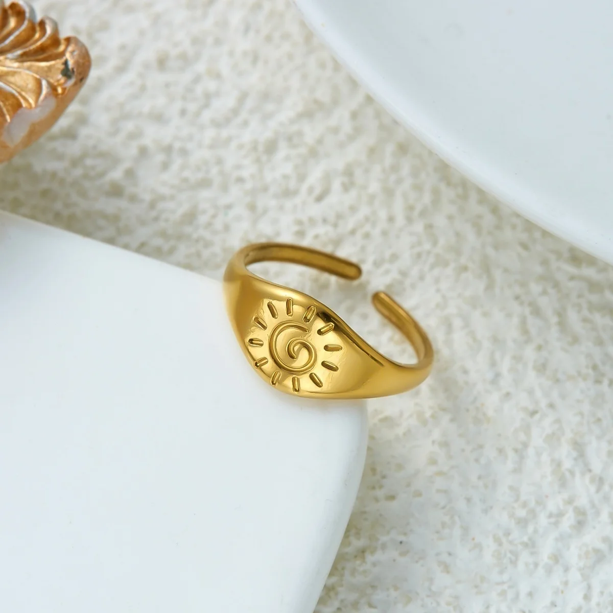 Edelstahl-Sonnen-Emaille-Blumen-Weizenblatt-Simulationsperlenringe für Damen und Herren, trendige, retro-inspirierte, geometrische Breitbandringe, Schmuck – Detail 24