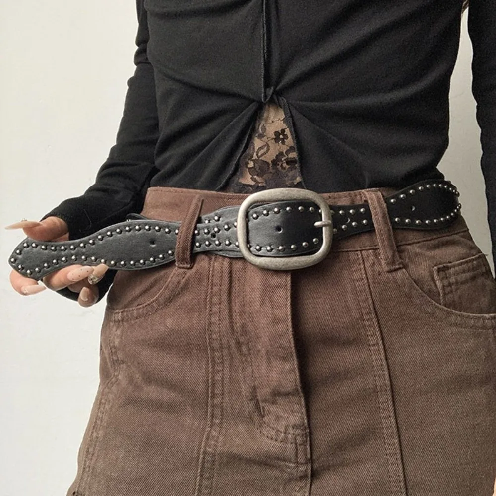Ins Style Retro Double-Row Rivet Belt Metal Stud Wave Type Waist Belt Pin Buckle Faux Leather Vintage Belt Commuting