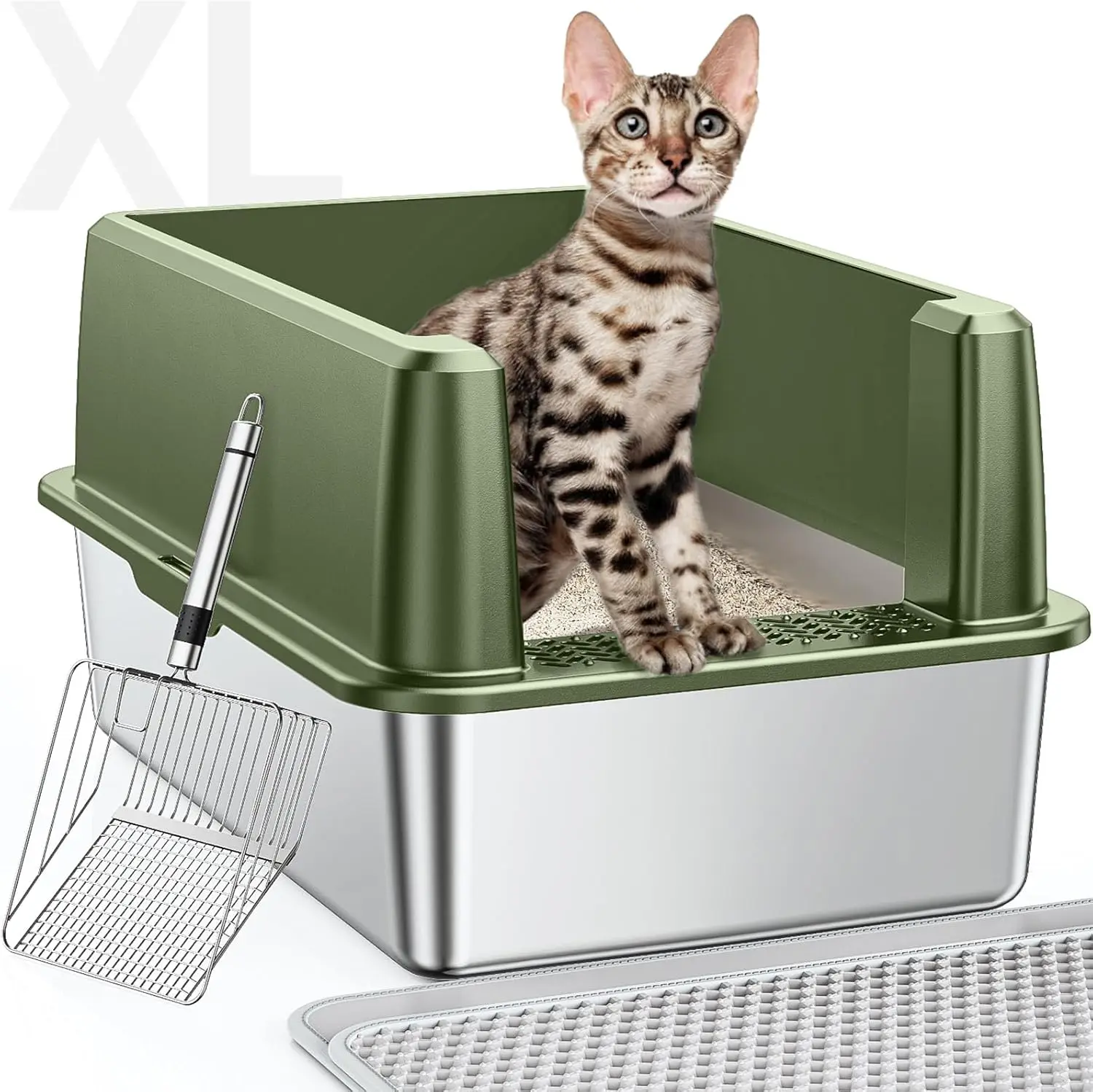 XL Stainless Steel Litter Box with Lid, Extra Large Enclosed Cat Litter Box for Big Cats, High-Sided Non-Stick Design, Includes Litter Mat & Scoop Kit