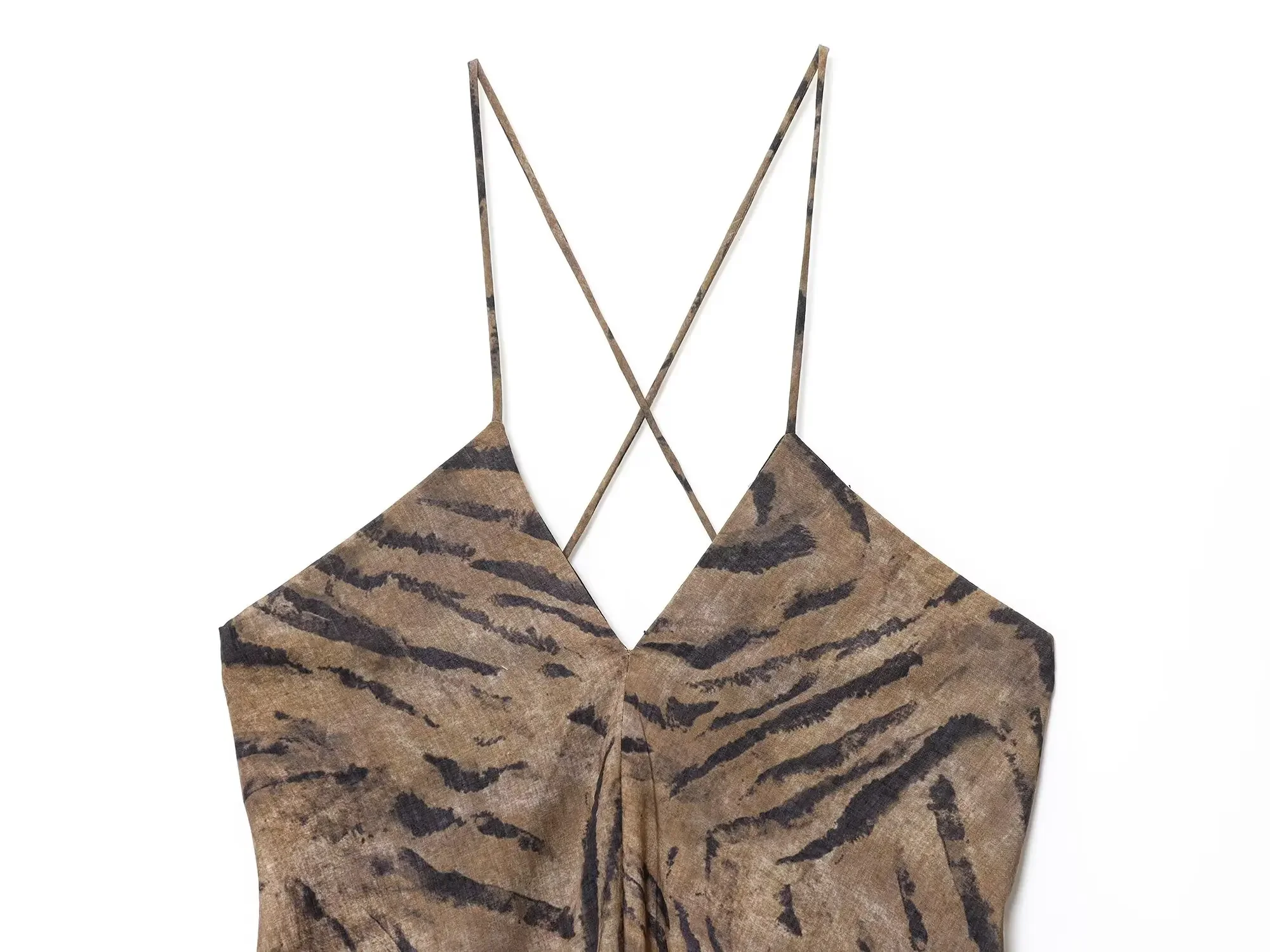 LIBIELIY Summer Collection Women's Wear Island Vacation Style Tiger Print Drape Sensual Long A-line Dress With Halter Straps