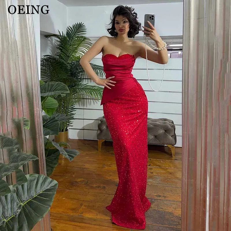 

OEING Charming Red Mermaid Prom Dress Sparkly Sweetheart Sleeveless Back Slit Party Gowns Floor Length Evening Dress Customized