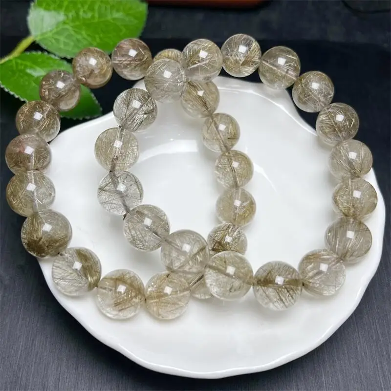 Natural Silver Rutilated Quartz Bracelet Healing Crystal Beads Elastic Charm Bracelets for Women Energy Jewelry Gift 12/14MM