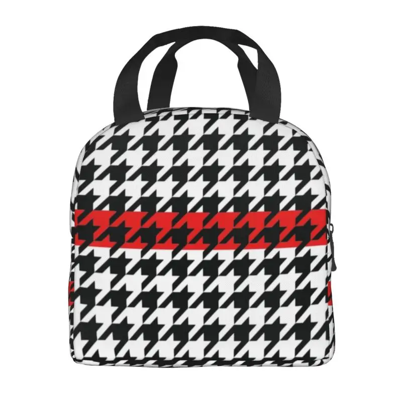 Modern Houndstooth With Red Stripe Resuable Lunch Boxes for Dogstooth Cooler Thermal Food Insulated Lunch Bag Kids School