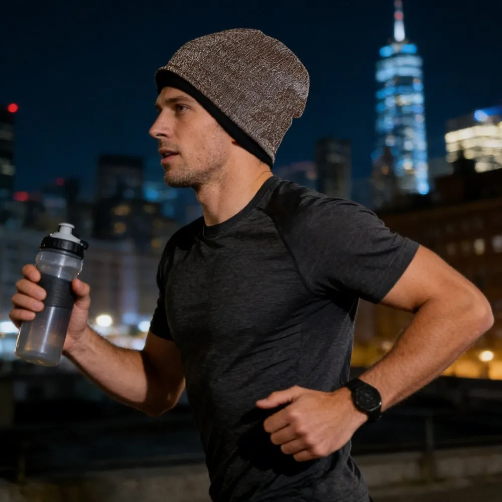 Street Style Night Reflective Hat Solid Color Warm Night Jogging Cap Fleece Lined Warning Beanies Cap