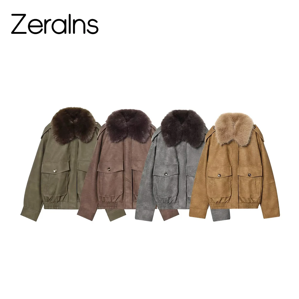 

ZERAINS 2025 winter new women's clothing retro loose casual versatile temperament simple big fur collar jacket jacket