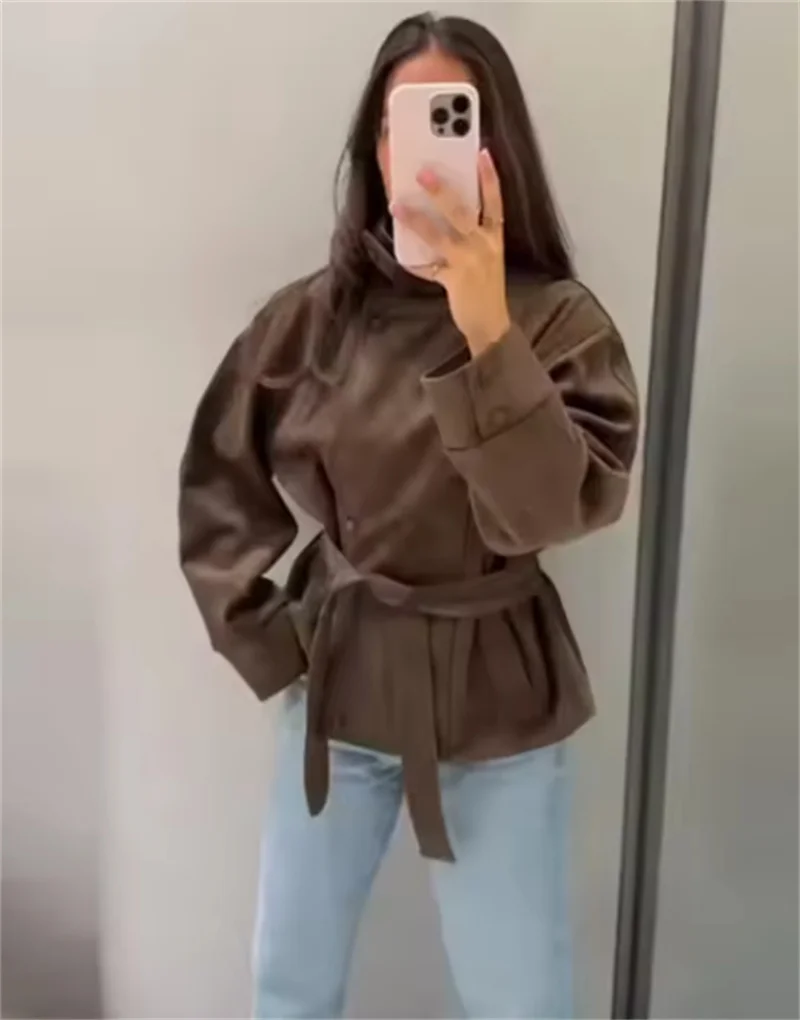 Guobioziy 2026 Women's Coat Fall New Long-Sleeve Suede-Texture Belted Simple Jacket Parka Trench Personalized Fashion