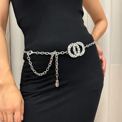 Designer Rhinestone Gold Circle Waist Chain Belt Female High-end Luxury Brands Punk Gothic Y2K Belts For Women Silver Waistband