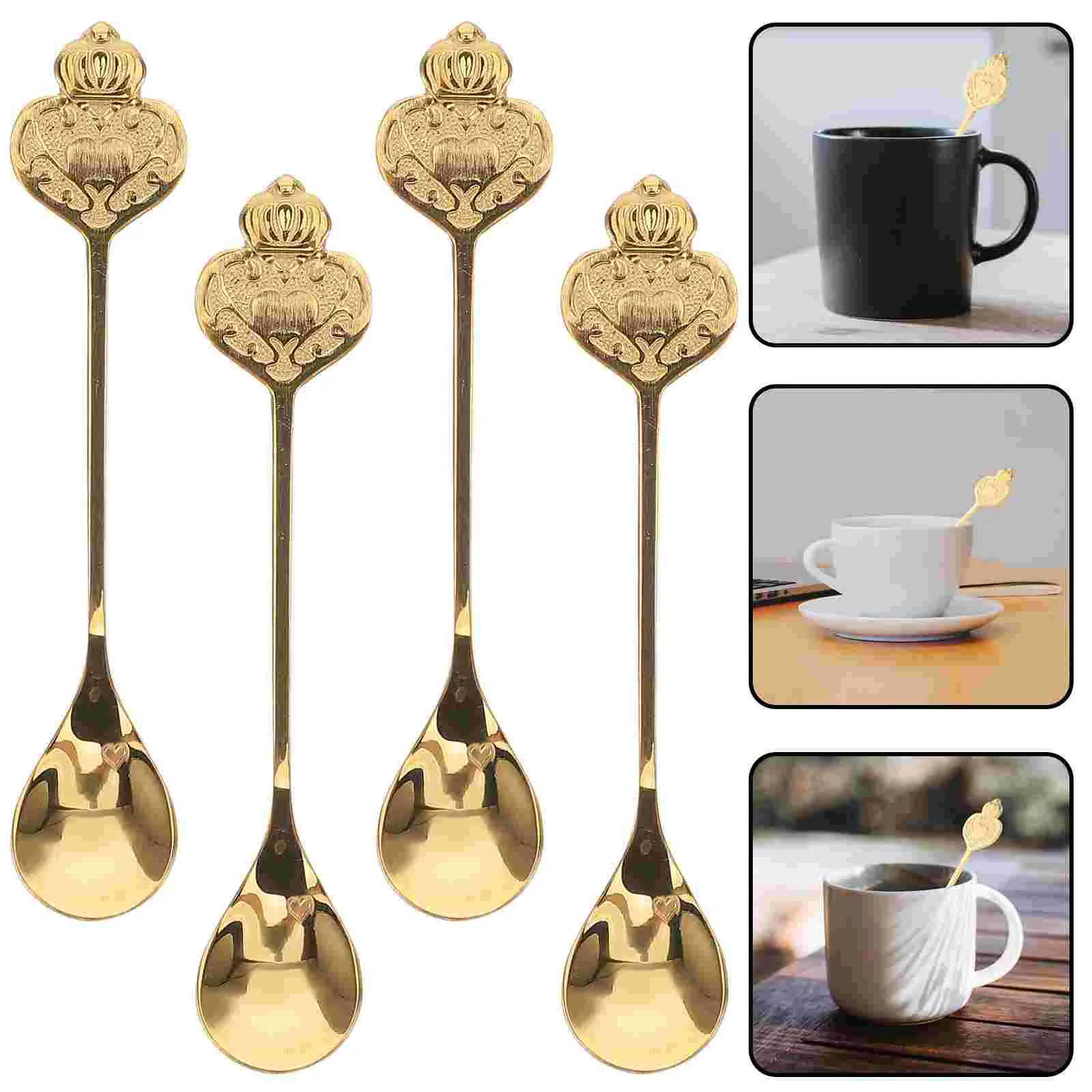 

4 Pcs Vintage Crown Spoon Kitchen Soup Espresso Spoons Small Coffee Tea Stirrers Dessert Desert Stainless Steel