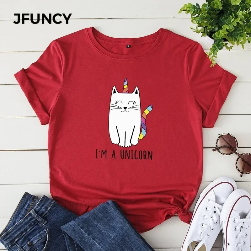 JFUNCY 100% Cotton Women Summer T Shirt Cute Unicorn Print Tees Tops Short Sleeve Woman T-shirt Female Loose Tshirt