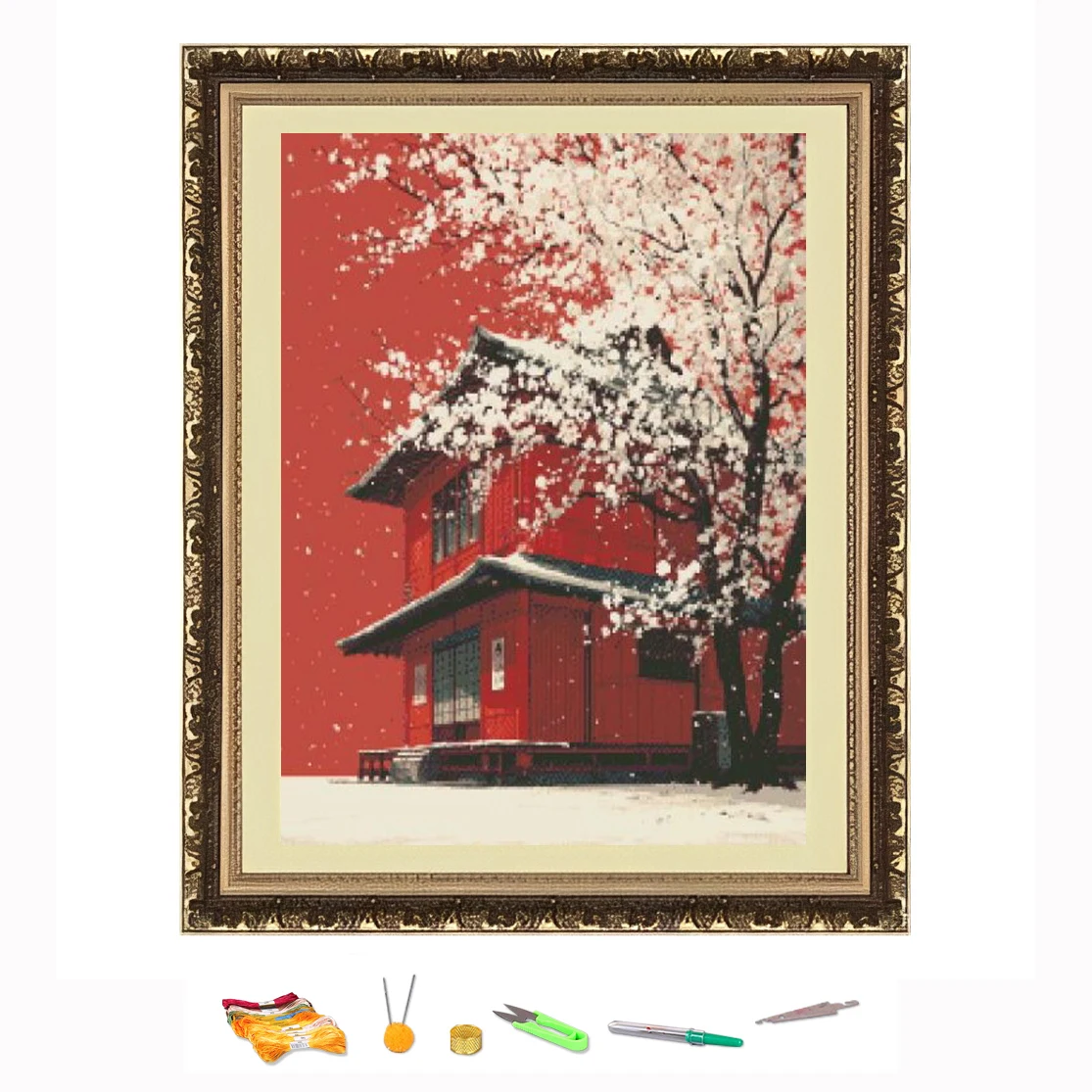 

Вышивка крестиком Красное здание рядом с цветочными деревьями DIY Набор для рукоделия Украсьте печатную на Canva 11CT