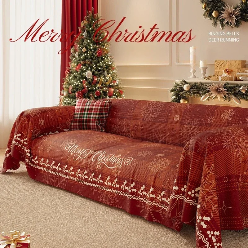 Chenille Sofa Cover Towel,Christmas Sleigh Forest Pattern Sofa Slipcover Protector for Bedroom Office Living Room HomeDecor