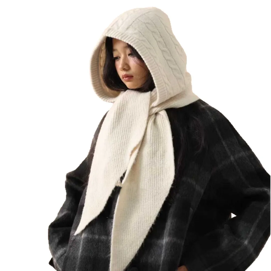 Red Knit Wool Balaclava – Hat with Integrated Scarf, Big-Size Winter Women's Hood, Extra-Large Full-Coverage Warm Wrap Cap