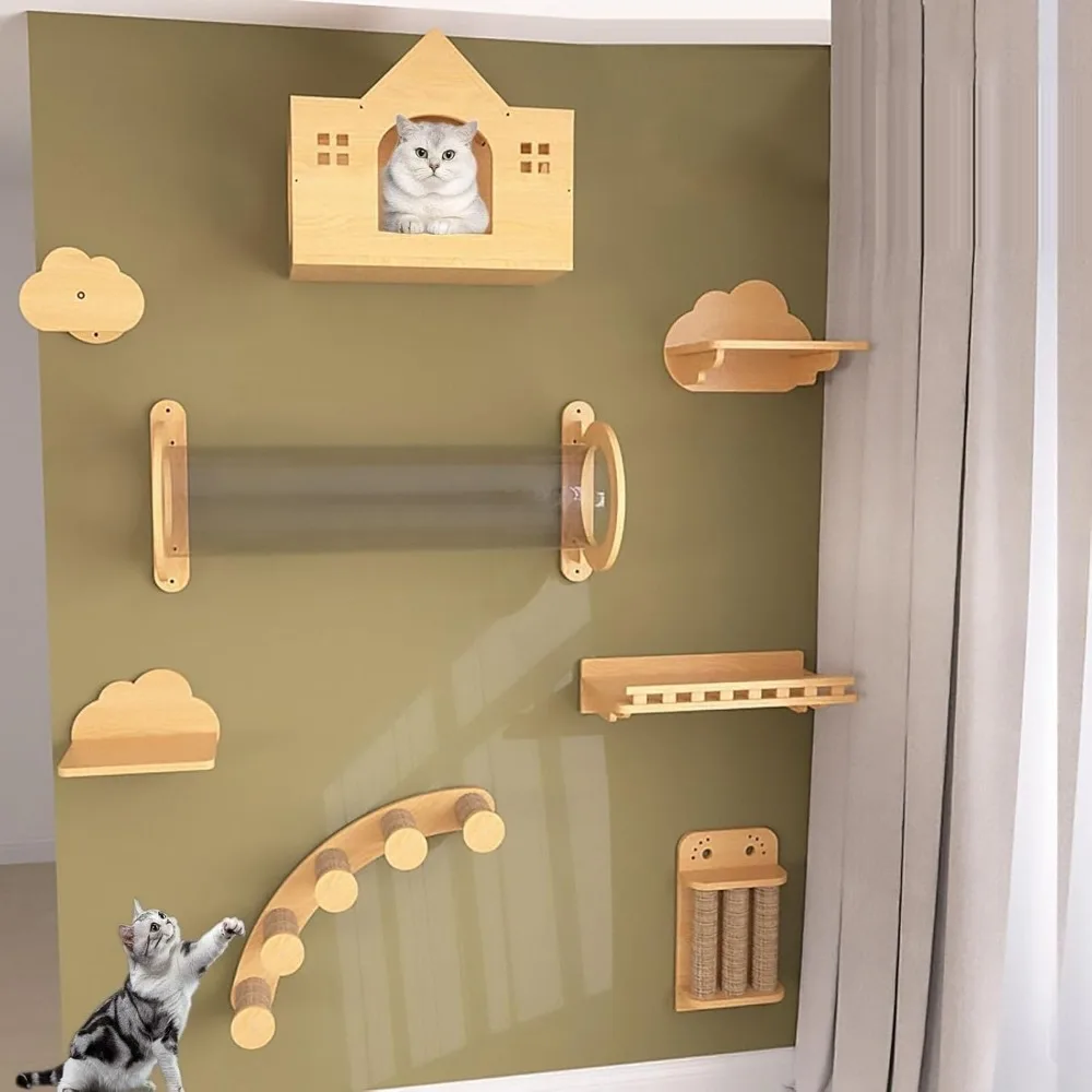 

Dream / Wall Mount Cat Furniture, Solid Wood Cat Climbing Frame Set, Multifunctional Cat Wall Rack For Sleeping, Playing &