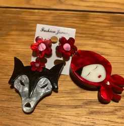 Cartoon Asymmetric Women Earrings Wolf and Little Red Riding Hood Pattern Acrylic Jewelry Girls Party