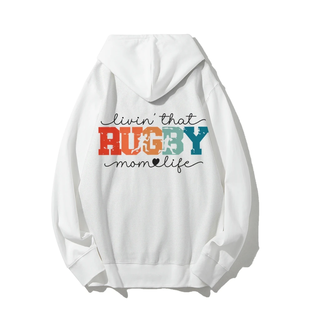 Rugby Mom Football Game Hoodies Back Printed Retro Outfits Game Day Sweater Football Spirit Wear Shirts Sports School Sweatshirt