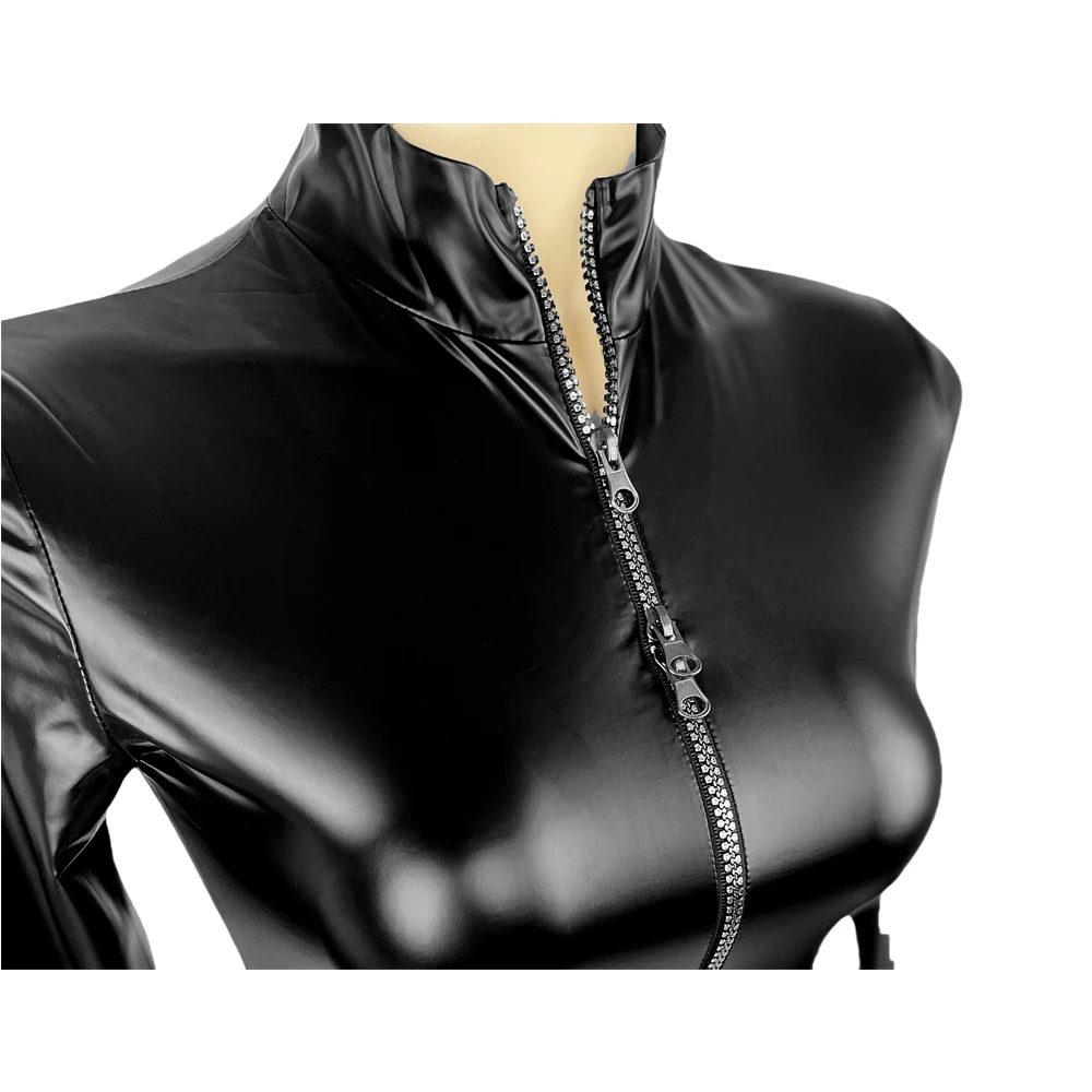 Women's Long Sleeve Rompers Zipper Crotch Bodycon Jumpsuits Dance Clubwear Leotards Glossy Sexy Bodysuits Faux Leather Catsuits