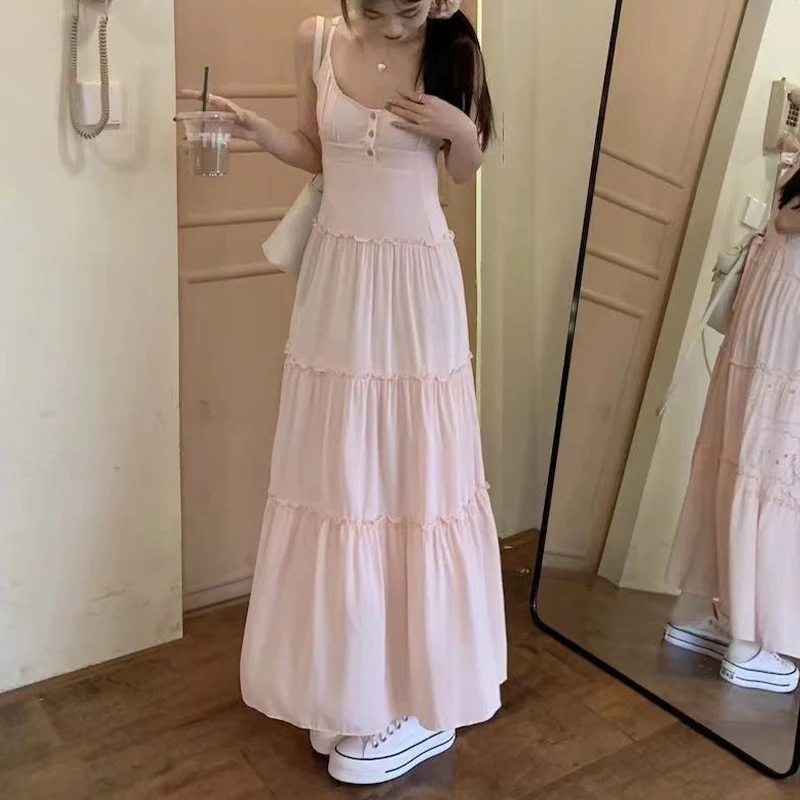 Houzhou rosa niedlichen Fairycore Midi Kleid süße Rüschen lässig elegant schick Strand lange Spaghetti träger Knopf Urlaub sanftes Kleid