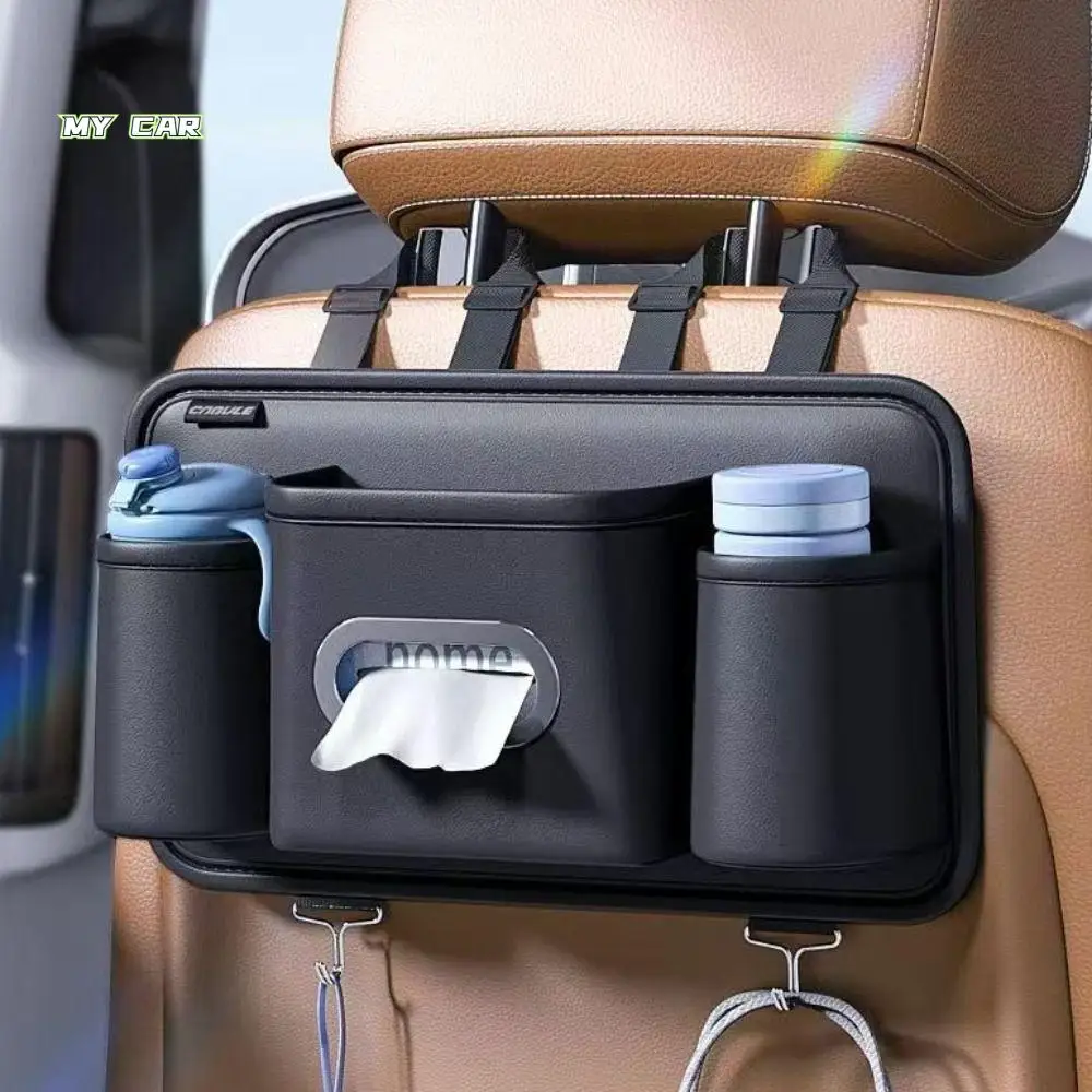 

Leather Car Backseat Cup Holder Tissue Box Storage Bag Paper Napkin Organizer Quick Release Buckle Luxury Water Cup Pockets