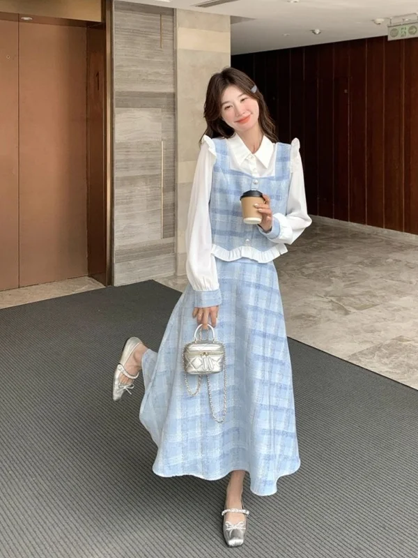 

Blue Plaid ature Fraance Sle Set Dr Women Spring Autumn 2026 New High-End Super ular Two-Piece Set High Waist L...