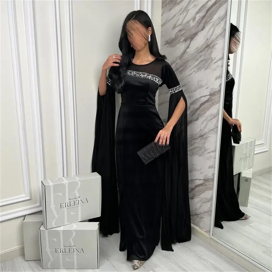 

Customized Long Sleeves Prom Dresses O-Neck Beadings Floor Length Black Party Dresses Evening Dresses