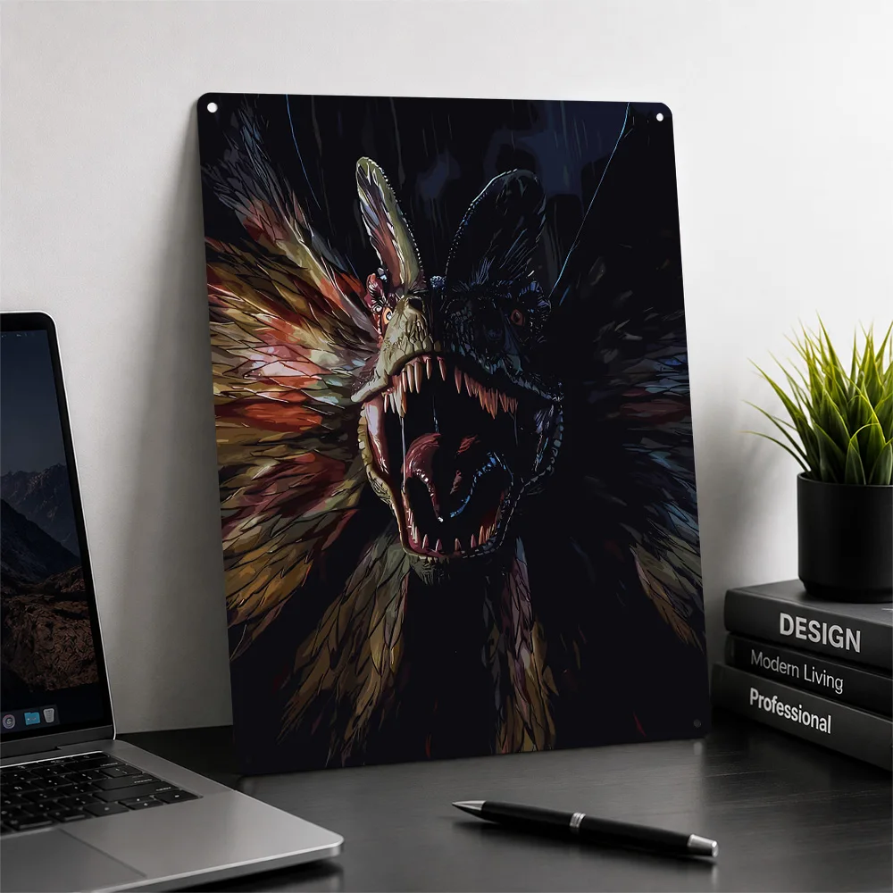 Fierce Dilophosaurus Roaring Metal Poster Perfect Gift for Fans Lovers Customized Wall Art Metal Sign for Garage Accessories