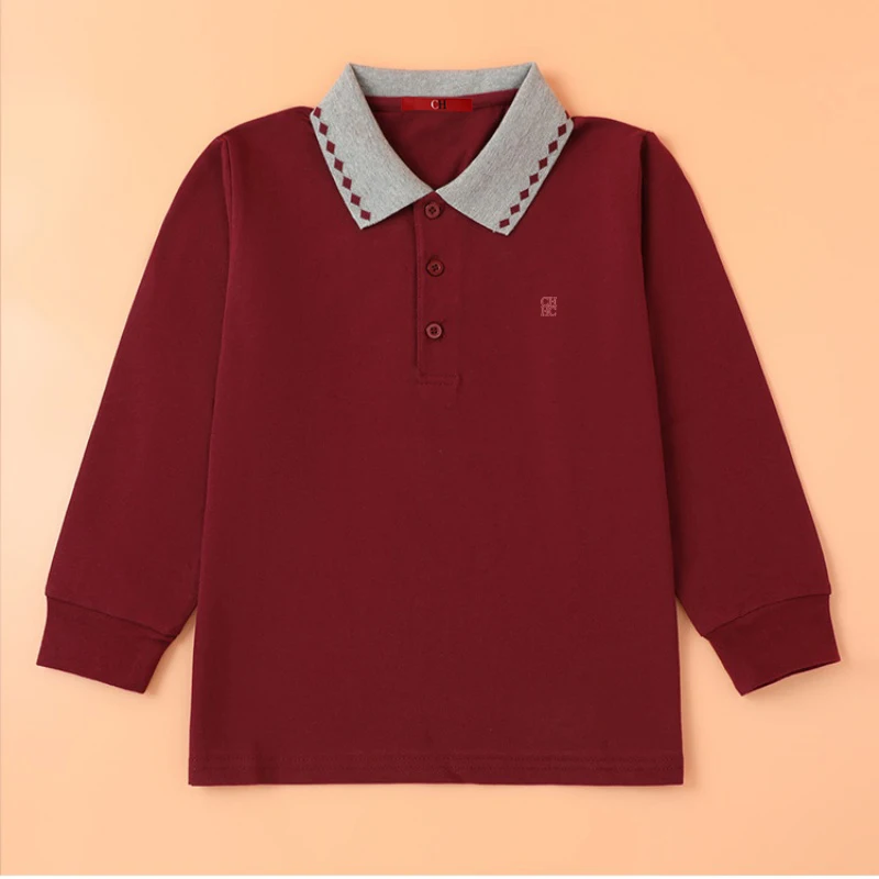 CH Boys Girls Long Sleeve Polo Shirt Patterned Collar Lightweight Chest Embroidery Decor Cuffed Hem Casual Kids Tops