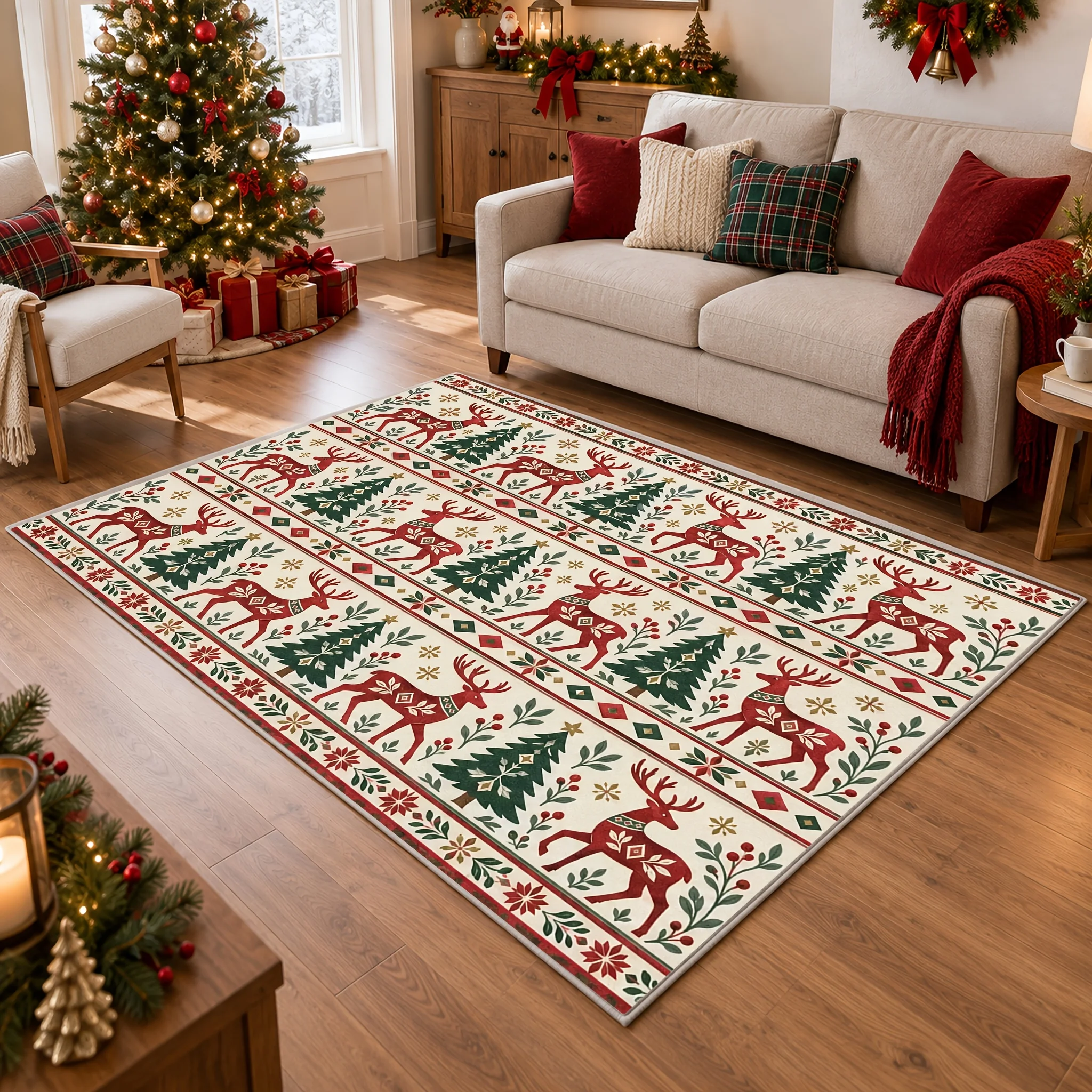 1pc Christmas Reindeer Tree Striped Area Rug, 2D Flat Print, Indoor Floor Mat for Living Room, Xmas Home Decor