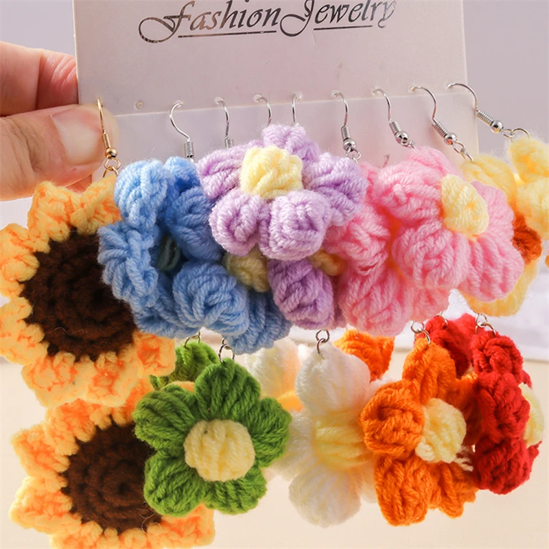 Cute Colorful Flower Drop Earrings for Women Handmade Crochet Flower Dangle Hooks Earrings Girls Party Holiday Jewelry Gifts