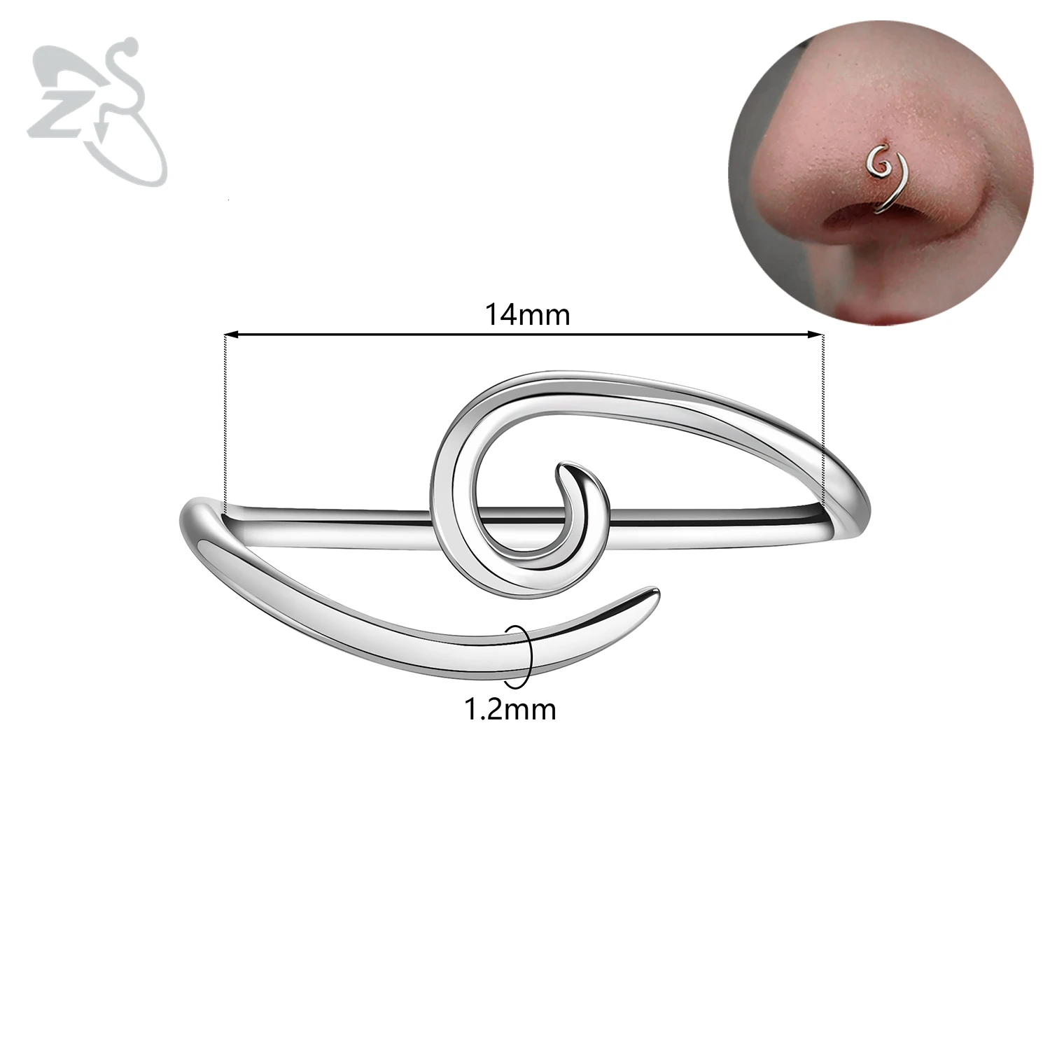 NONE ZS 1 STÜCK 16G 925 Sterling Silber Nasenstecker Damen Herren Hypoallergene Spirale Brücke Piercing Nasenloch Muschelpiercings 10/12/14/16 MM 5