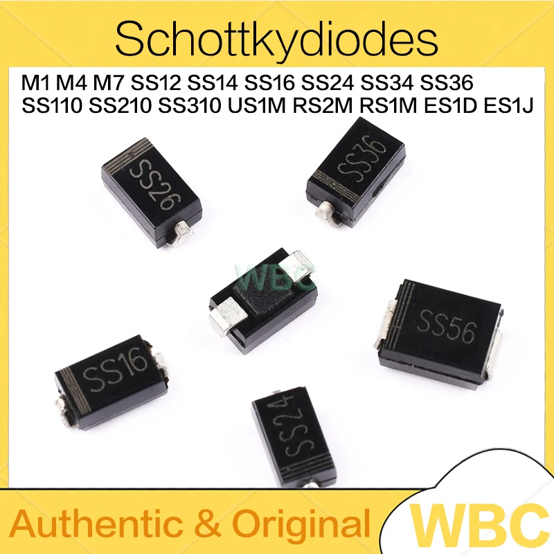 100Pcs Rectifier Diode M1 M4 M7 SS12 SS14 SS16 SS24 SS34 SS36 SS110 SS210 SS310 US1M RS2M RS1M ES1D ES1J DO-214AC Schottkydiodes
