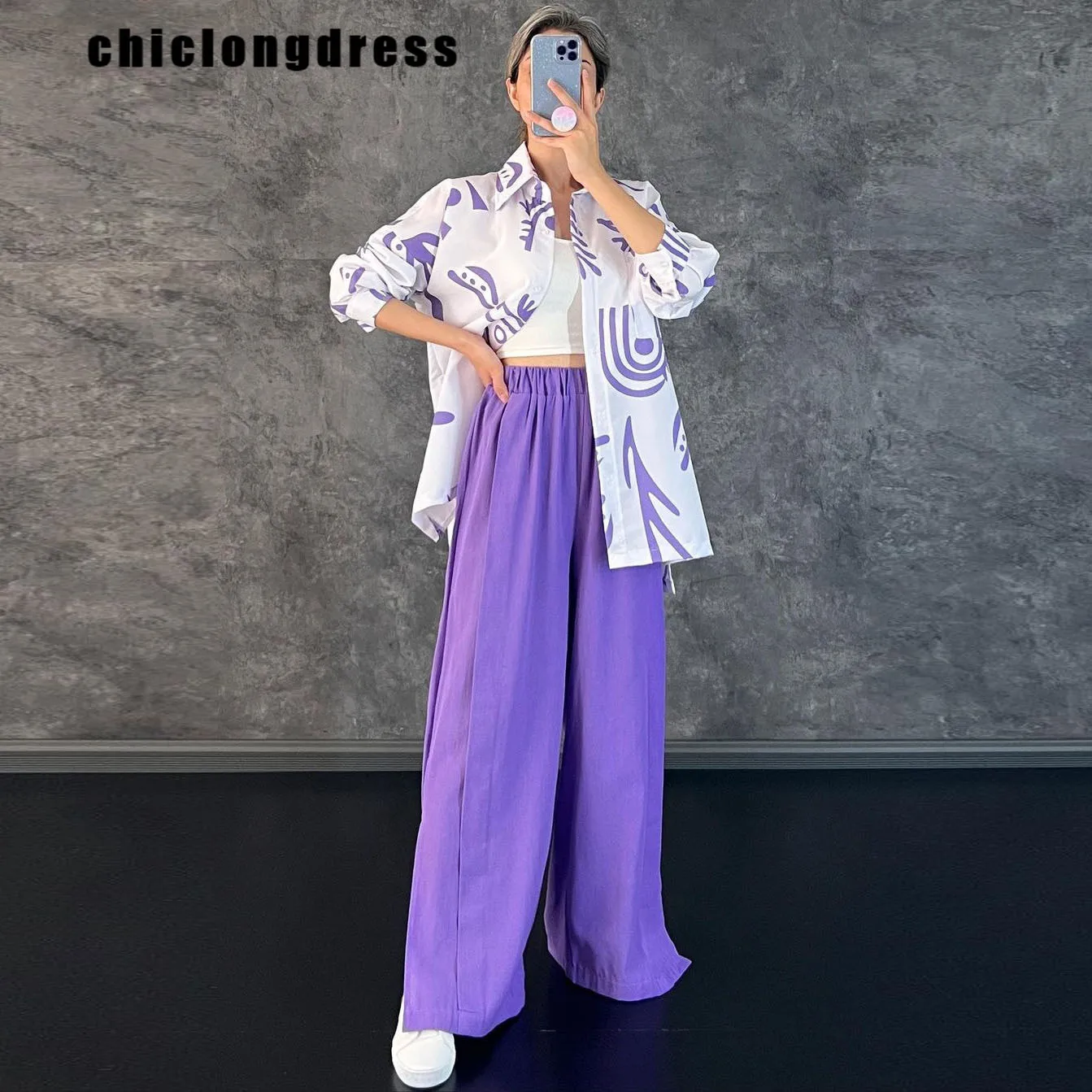 

Summer Fashion Shirt Two Piece Set Women Casual Loose Button Printed Shirt Wide Leg Pants Two Piece Set Women