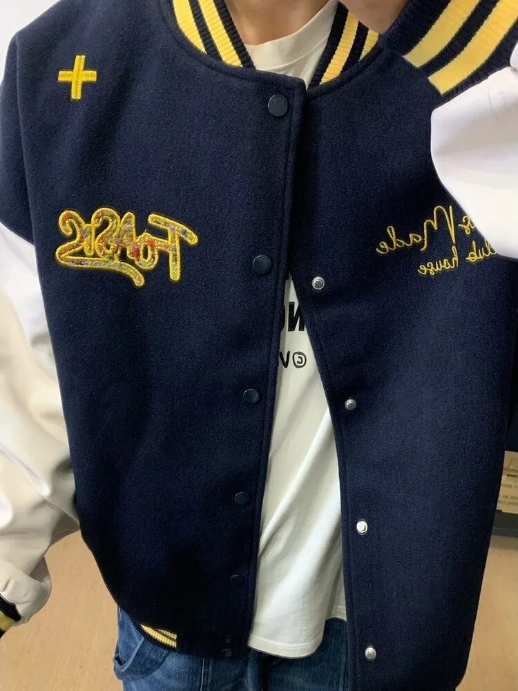 

Шерстяная бейсбольная куртка с вышивкой, воротник-стойка, унисекс, осенне-зимняя, модная верхняя одежда, молодежная, длинный рукав