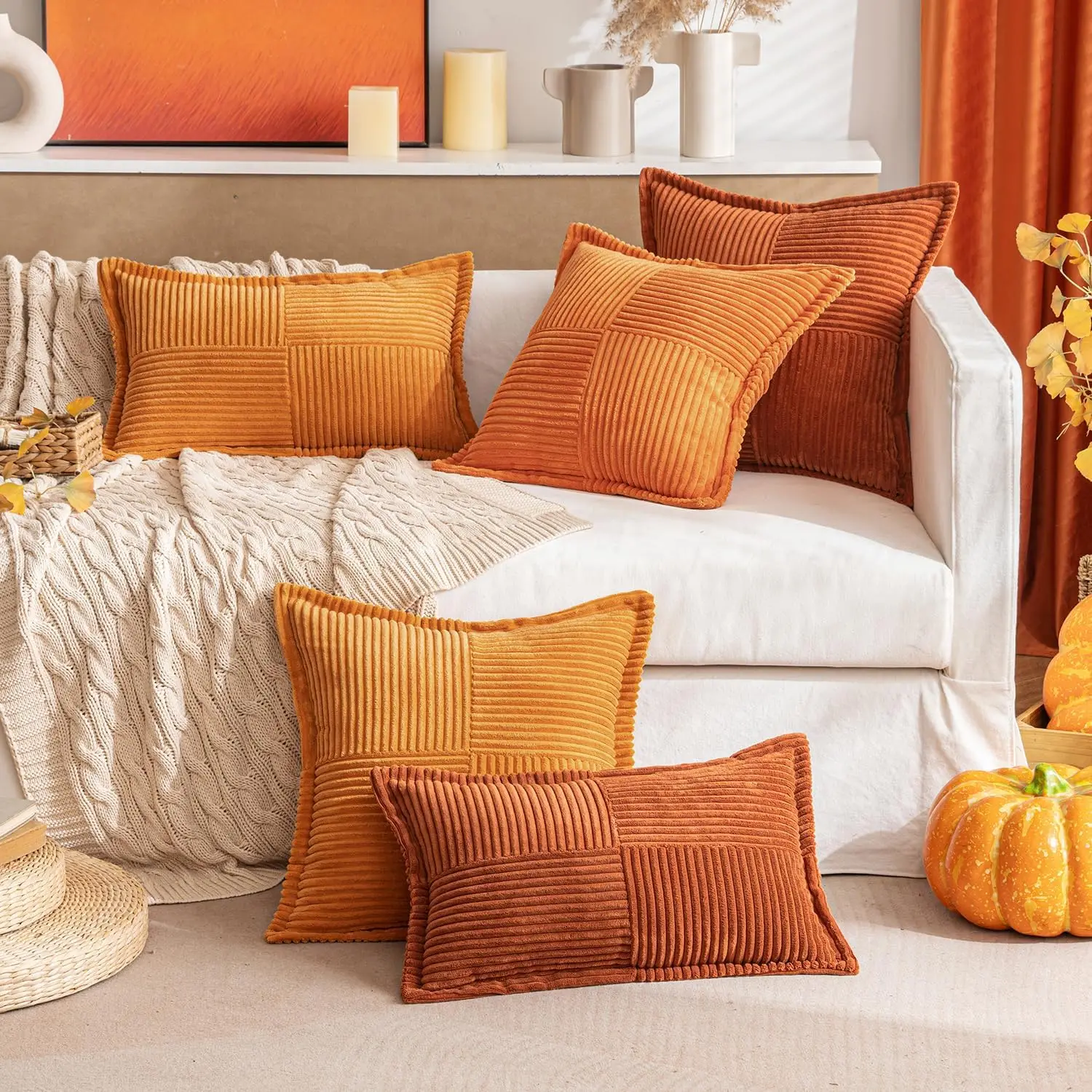 Fall Couch Throw Pillow Cover 18x18 Inch Soft Orange Corduroy Pillow Cover for Sofa Living Room Pillow Cases Autumn Winter Decor