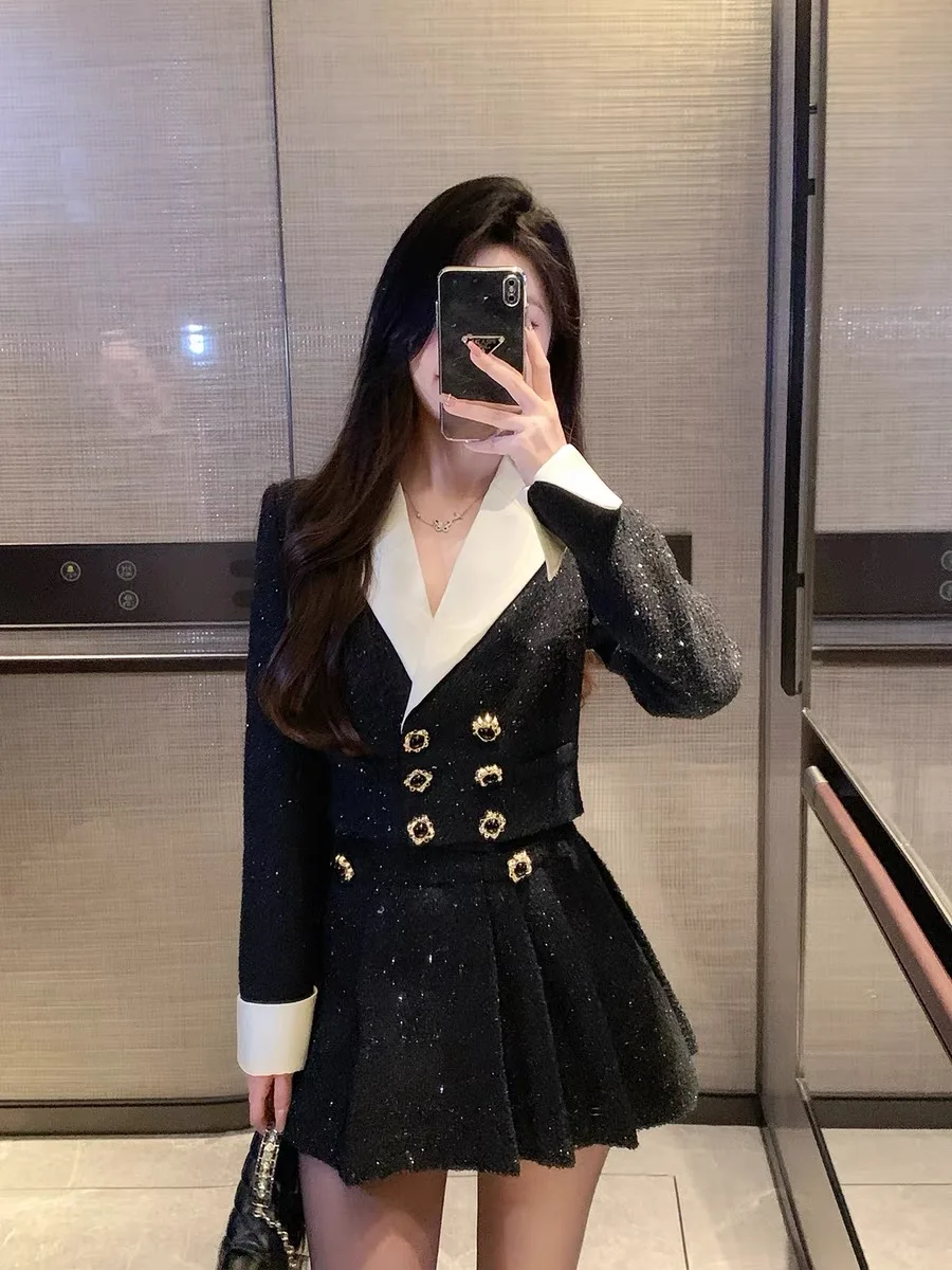 

Sweet Hot Girl Suit Women's Autumn/Winter Double Breasted Coat High Waist A-line Mini Skirt Two-piece Set Fashion Female Clothes